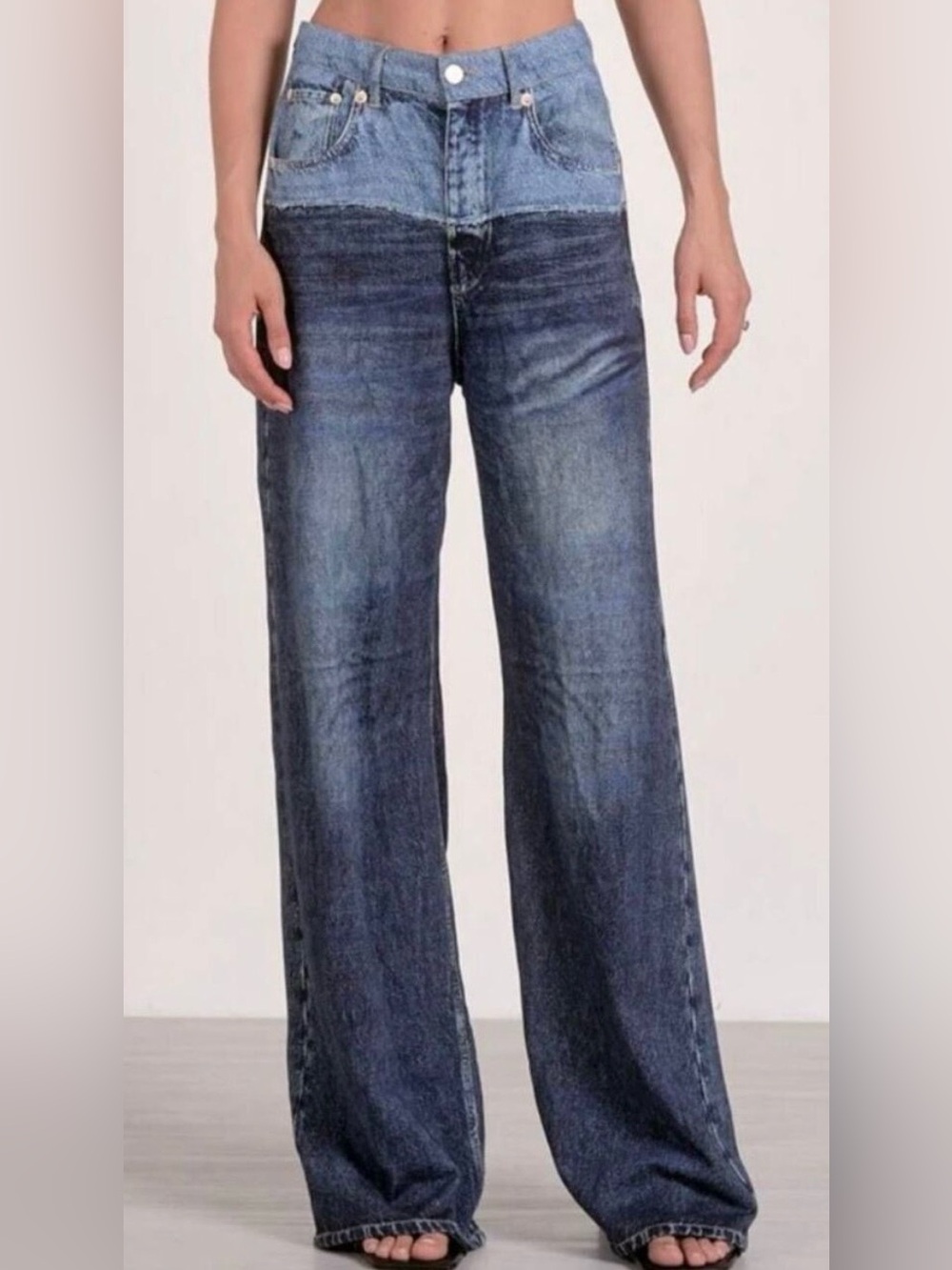 Elan Jade Wide Leg Two-Tone Sweatpant Jeans. High Waist, Comfy Cotton. Size L